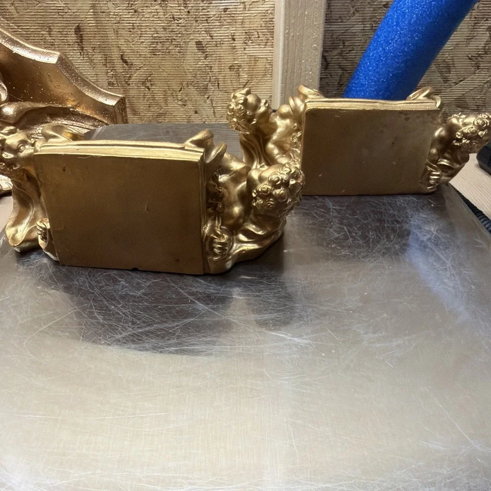 Vtg Gold Cherub Wall Sconces Shelves Pair Hollywood Regency Ornate Plaster
